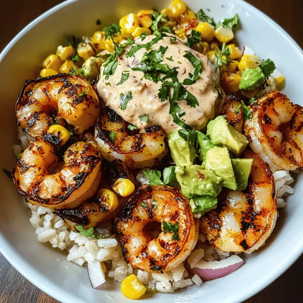 Grilled Shrimp Bowl with Avocado Corn Salsa & Creamy Sauce