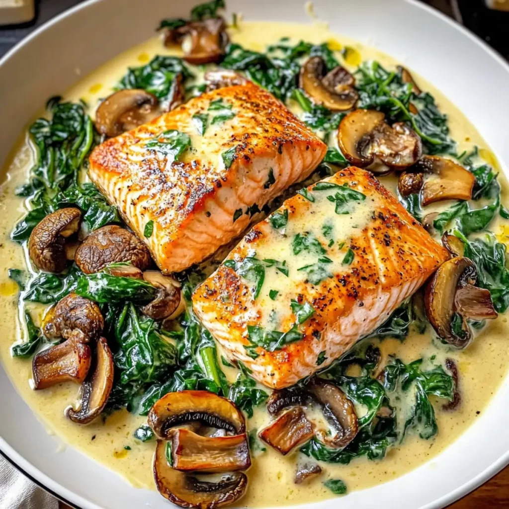 Garlic Butter Salmon with Spinach and Mushrooms