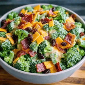 Classic Broccoli Bacon Salad with Raisins and Cheddar Cheese