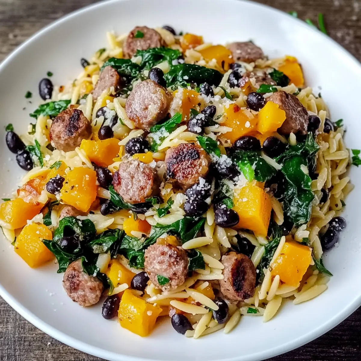 Butternut Squash and Black Bean Orzo with Sausage and Spinach
