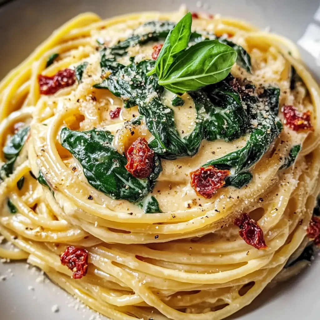 Spaghetti & Spinach with Sun-Dried Tomato Cream Sauce