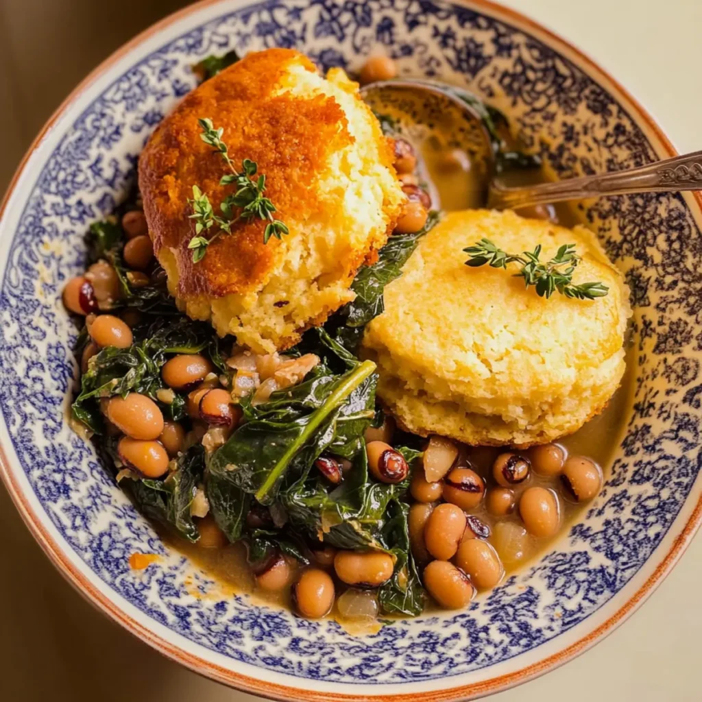 Black-Eyed Peas with Collard Greens & Cornbread Biscuits