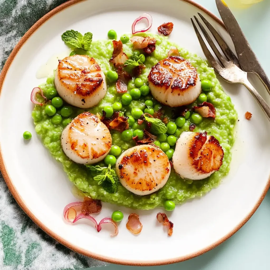 Seared Scallops with Green Peas, Mint and Shallots