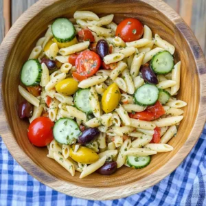 Penne Pasta Salad with Tomatoes, Cucumbers, and Olives