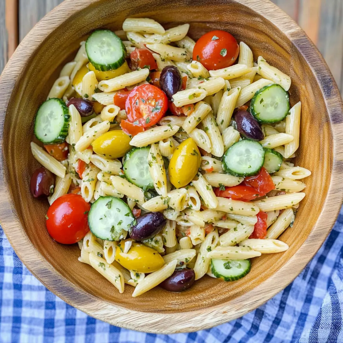 Penne Pasta Salad with Tomatoes, Cucumbers, and Olives