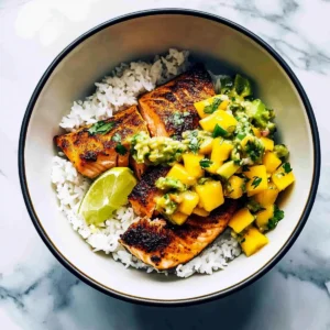 BBQ Salmon Bowls with Mango Avocado Salsa