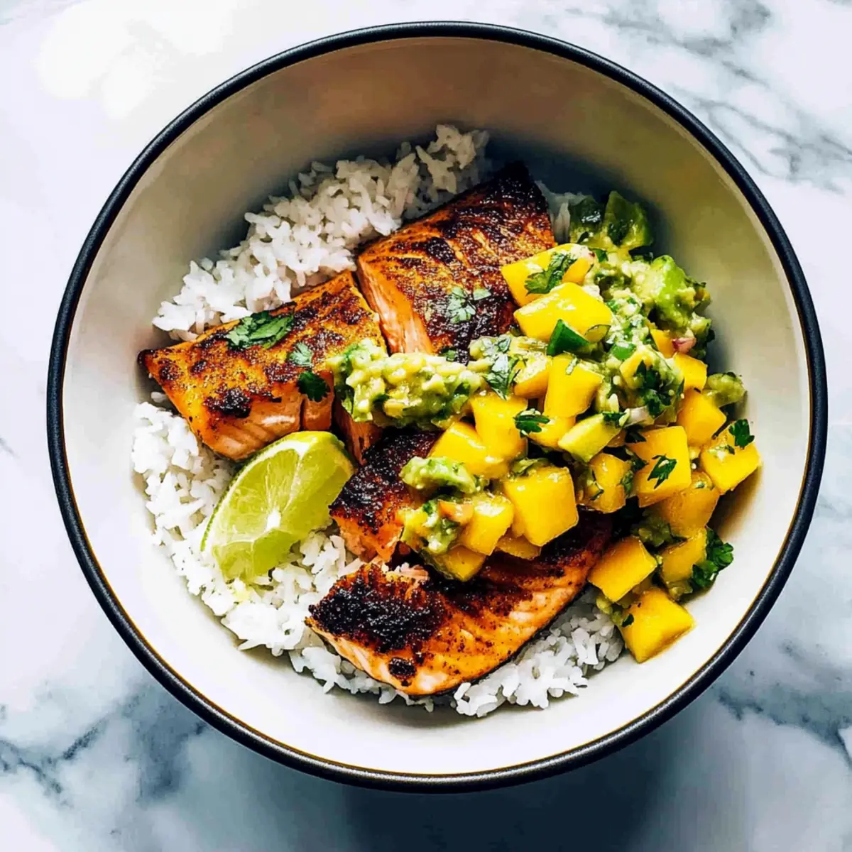 BBQ Salmon Bowls with Mango Avocado Salsa