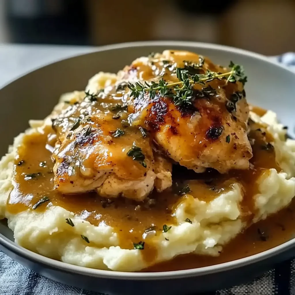 Chicken and Garlic Gravy with Cheesy Mashed Potatoes