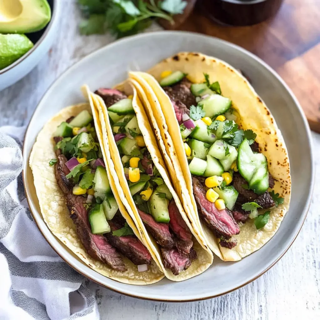 Grilled Steak Tacos with Zesty Cucumber Corn Salsa