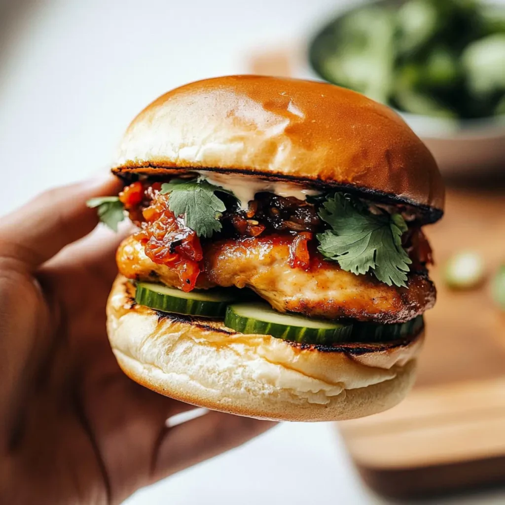 Spicy Gochujang Chicken Burgers with Sweet Kimchi Twist