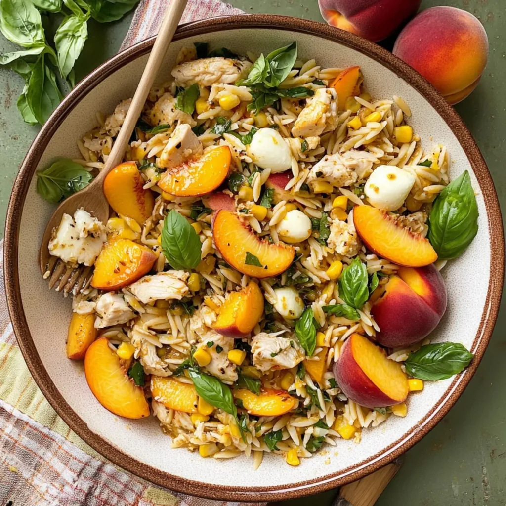 Flavor-Packed Peach & Basil Chicken Orzo Salad with Hot Honey Vinaigrette