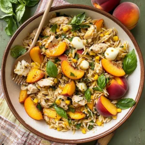 Peach & Basil Chicken Orzo Salad with Hot Honey Vinaigrette