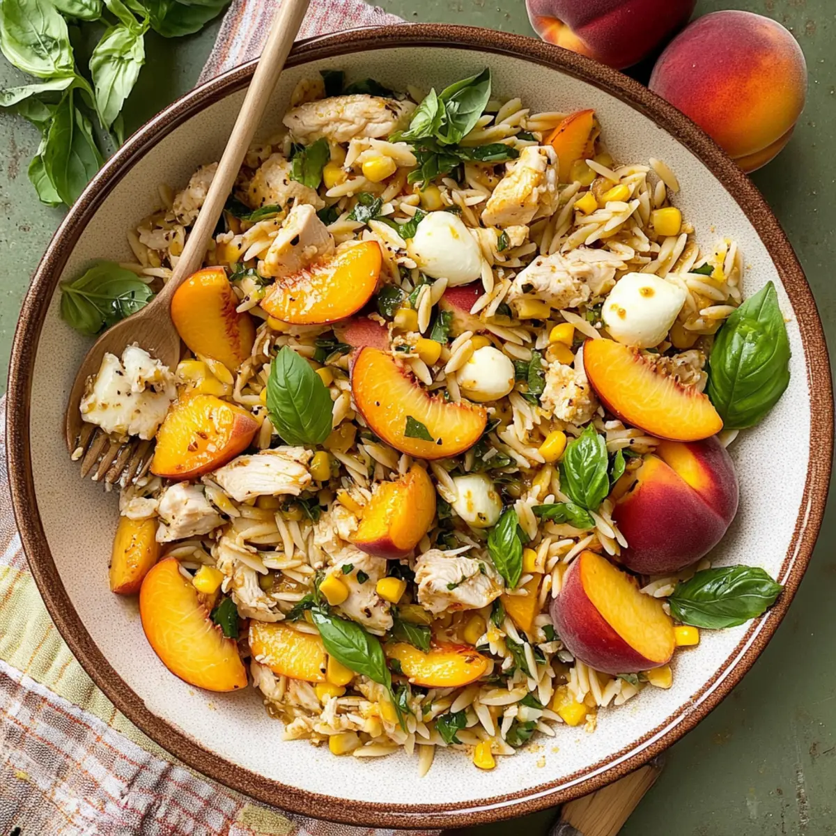 Peach & Basil Chicken Orzo Salad with Hot Honey Vinaigrette