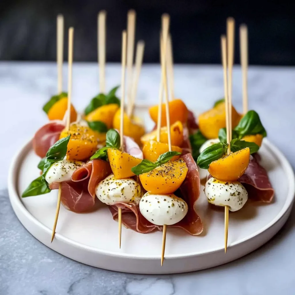 Mozzarella, Prosciutto, and Pickled Peach Skewers Bliss
