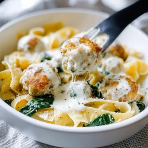 Chicken Meatballs with Cheesy Spinach Pappardelle