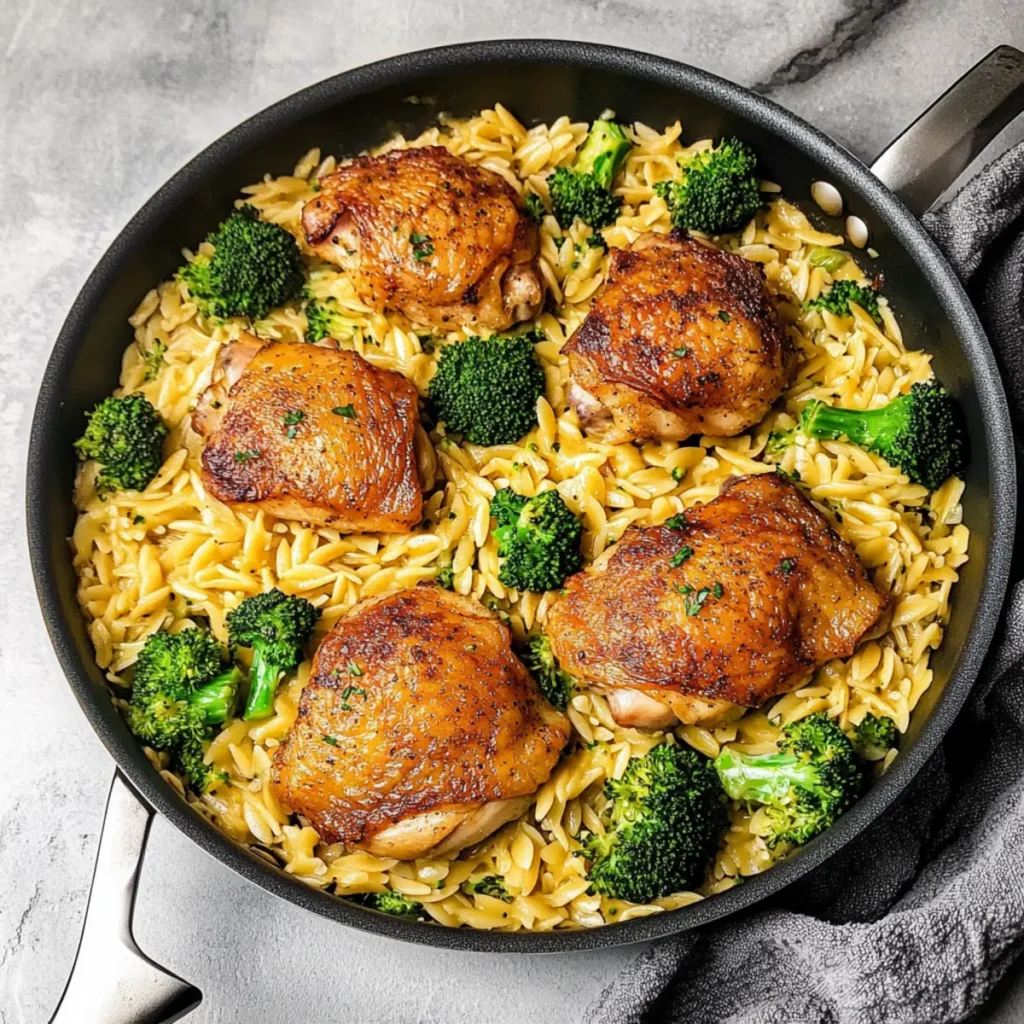 Skillet Chicken Thighs with Broccoli Cheddar Orzo