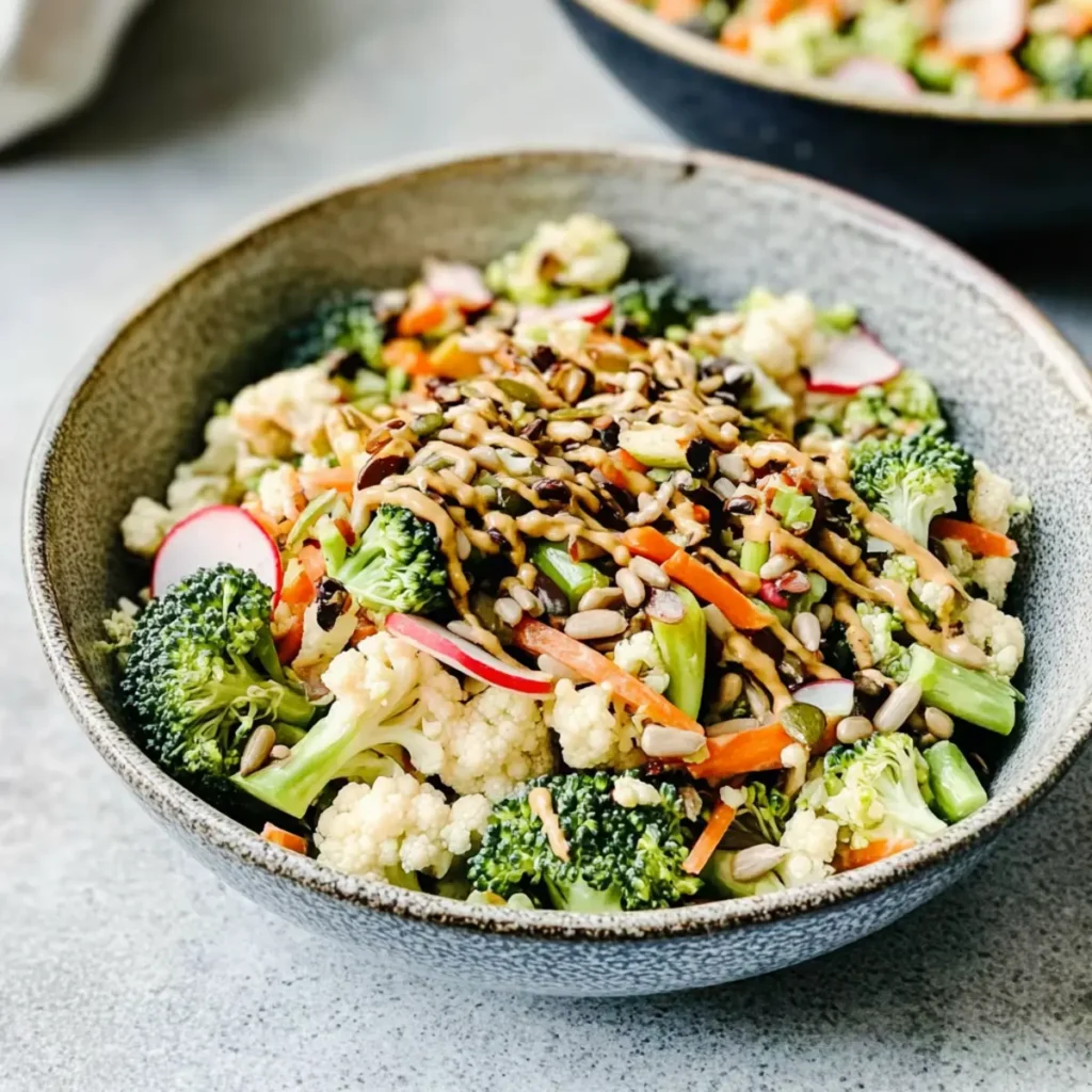Delicious Broccoli and Cauliflower Salad with Sunbutter Sauce